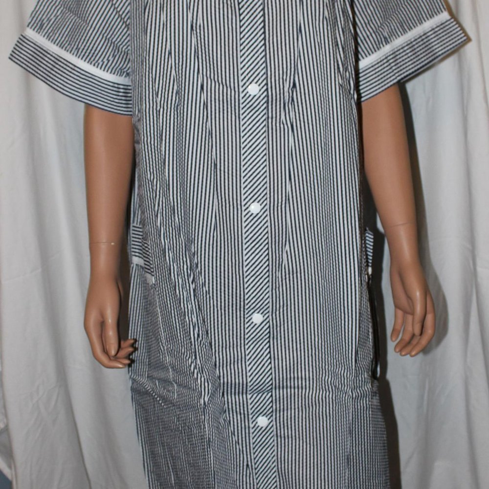 WOMENS EASY ESSENTIALS NAVY WHITE STRIPES SNAPS HOUSECOAT DUSTER PLUS SIZE 1X - Picture 2 of 5